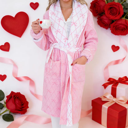 Bow Robes For Women Robe Lightweight Short Women Bathrobe Soft Ladies Cute Bathrobe With Pocket Pink And White