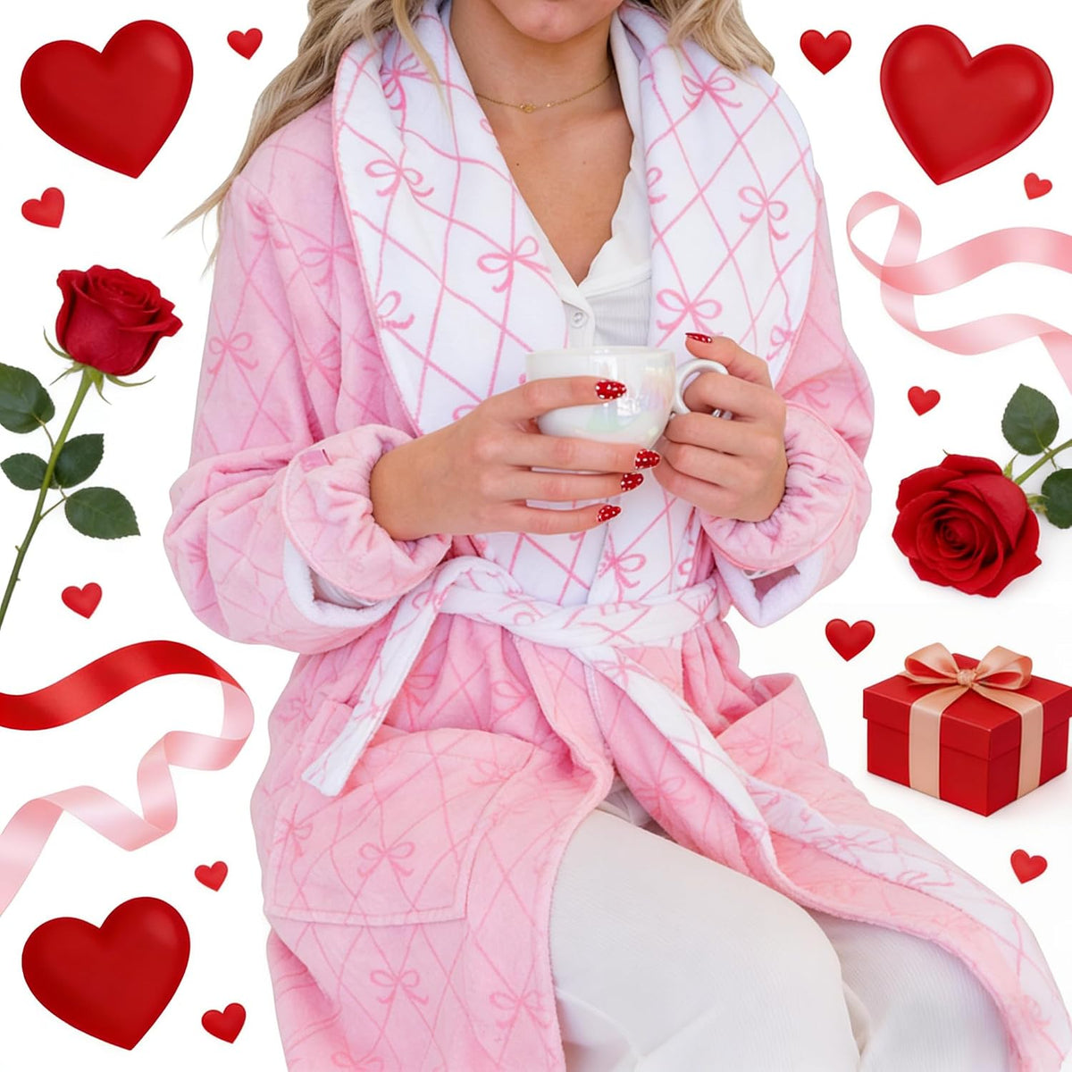 Bow Robes For Women Robe Lightweight Short Women Bathrobe Soft Ladies Cute Bathrobe With Pocket Pink And White