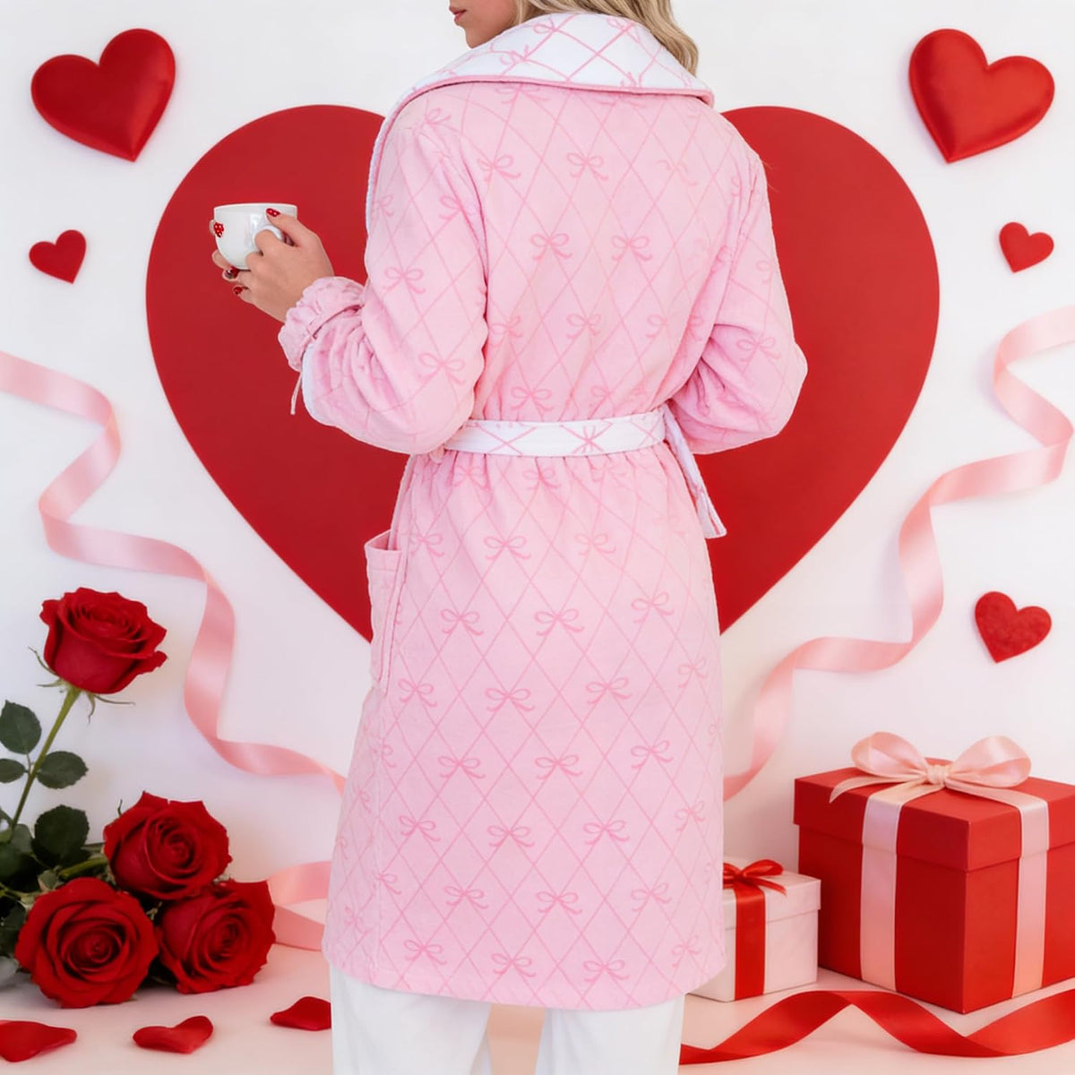 Bow Robes For Women Robe Lightweight Short Women Bathrobe Soft Ladies Cute Bathrobe With Pocket Pink And White