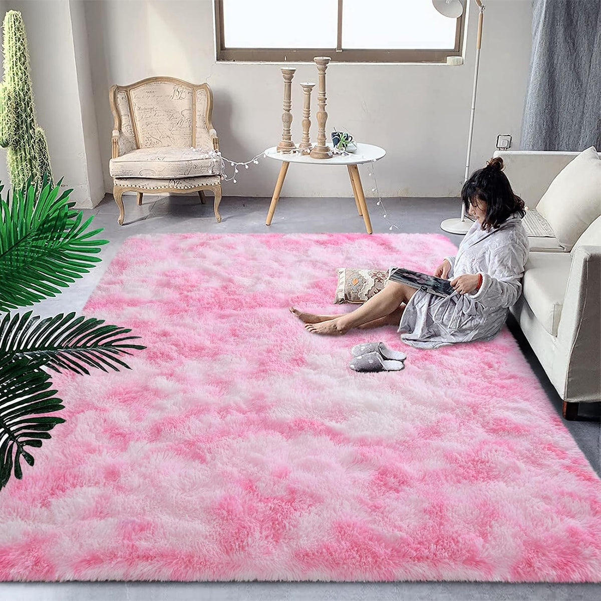 DweIke Fluffy Pink White Rugs for Bedroom Living Room, 4x6 Feet Soft Plush Shaggy Tie-Dyed Pink Girls Boys Kids Rug, Non-Slip and Machine Washable Carpet for Dorm Nursery Classroom Decor