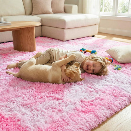 DweIke Fluffy Pink White Rugs for Bedroom Living Room, 4x6 Feet Soft Plush Shaggy Tie-Dyed Pink Girls Boys Kids Rug, Non-Slip and Machine Washable Carpet for Dorm Nursery Classroom Decor