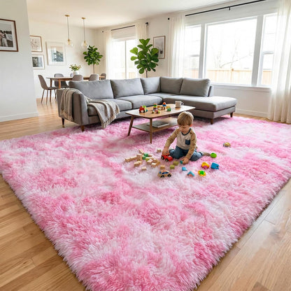 DweIke Fluffy Pink White Rugs for Bedroom Living Room, 4x6 Feet Soft Plush Shaggy Tie-Dyed Pink Girls Boys Kids Rug, Non-Slip and Machine Washable Carpet for Dorm Nursery Classroom Decor