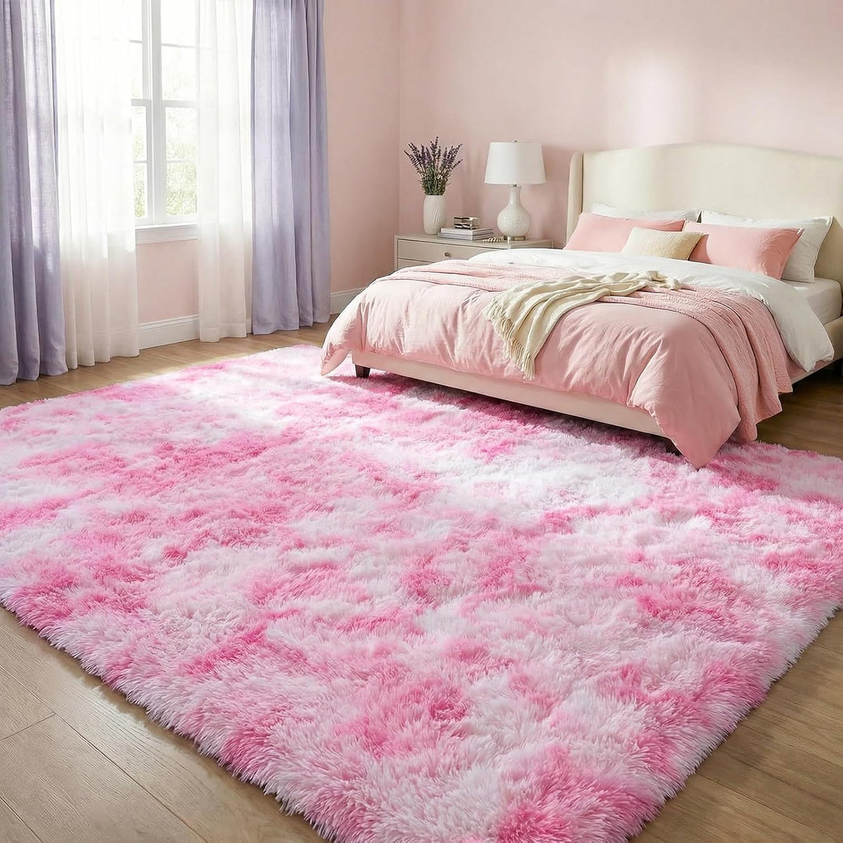 DweIke Fluffy Pink White Rugs for Bedroom Living Room, 4x6 Feet Soft Plush Shaggy Tie-Dyed Pink Girls Boys Kids Rug, Non-Slip and Machine Washable Carpet for Dorm Nursery Classroom Decor