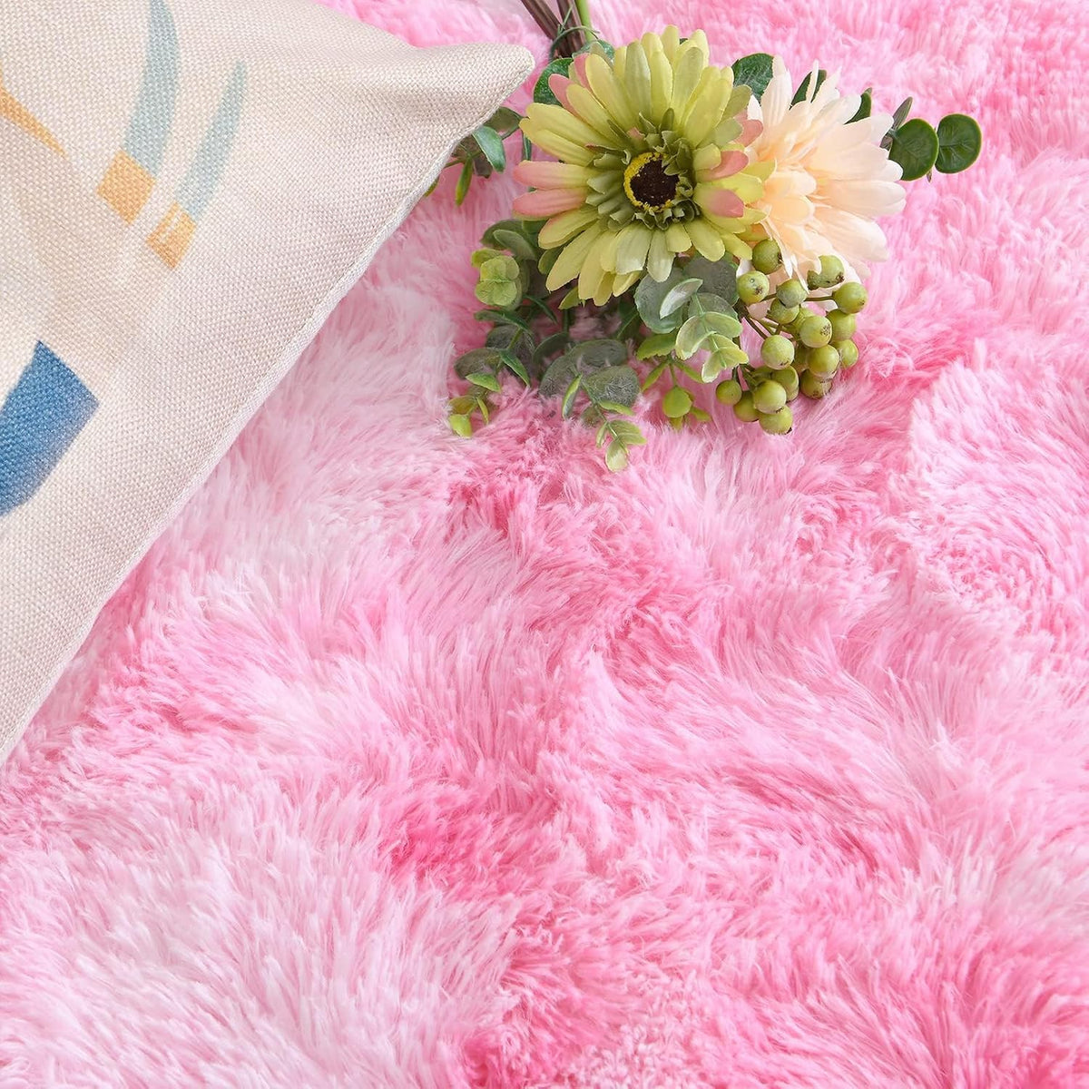 DweIke Fluffy Pink White Rugs for Bedroom Living Room, 4x6 Feet Soft Plush Shaggy Tie-Dyed Pink Girls Boys Kids Rug, Non-Slip and Machine Washable Carpet for Dorm Nursery Classroom Decor