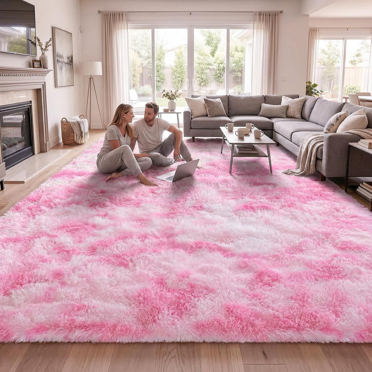 DweIke Fluffy Pink White Rugs for Bedroom Living Room, 4x6 Feet Soft Plush Shaggy Tie-Dyed Pink Girls Boys Kids Rug, Non-Slip and Machine Washable Carpet for Dorm Nursery Classroom Decor