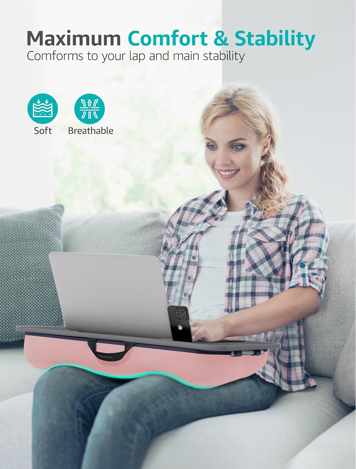 Lap Desk | Portable Laptop Desk & Stand – Fits Up to 17 inch – Washable Cushion, Built-in Phone Holder – for Bed, Couch, Sofa, Floor – Writing, Reading, Home Office – Large, Pink