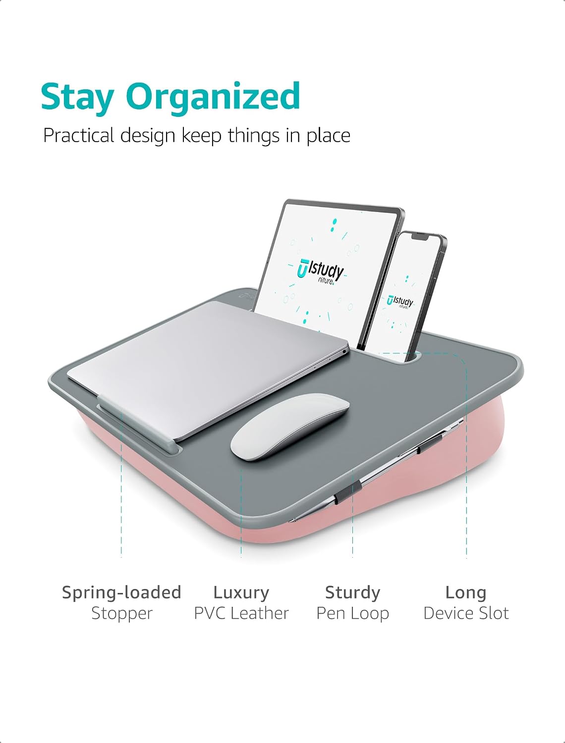 Lap Desk | Portable Laptop Desk & Stand – Fits Up to 17 inch – Washable Cushion, Built-in Phone Holder – for Bed, Couch, Sofa, Floor – Writing, Reading, Home Office – Large, Pink