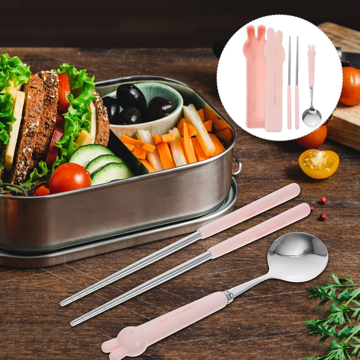 Portable Tableware Set with Spoon and Chopsticks in Cartoon Case Reusable Utensil Kit for Travel Picnic and Lunch Box Compact 8.18 Inch