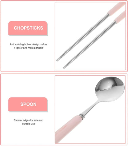 Portable Tableware Set with Spoon and Chopsticks in Cartoon Case Reusable Utensil Kit for Travel Picnic and Lunch Box Compact 8.18 Inch