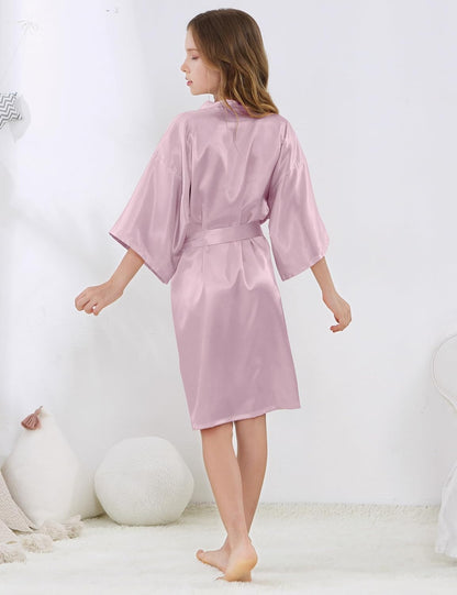 Girl's Kid's Silky Satin Solid Color Short Kimono Robe for Wedding Birthday Party Spa