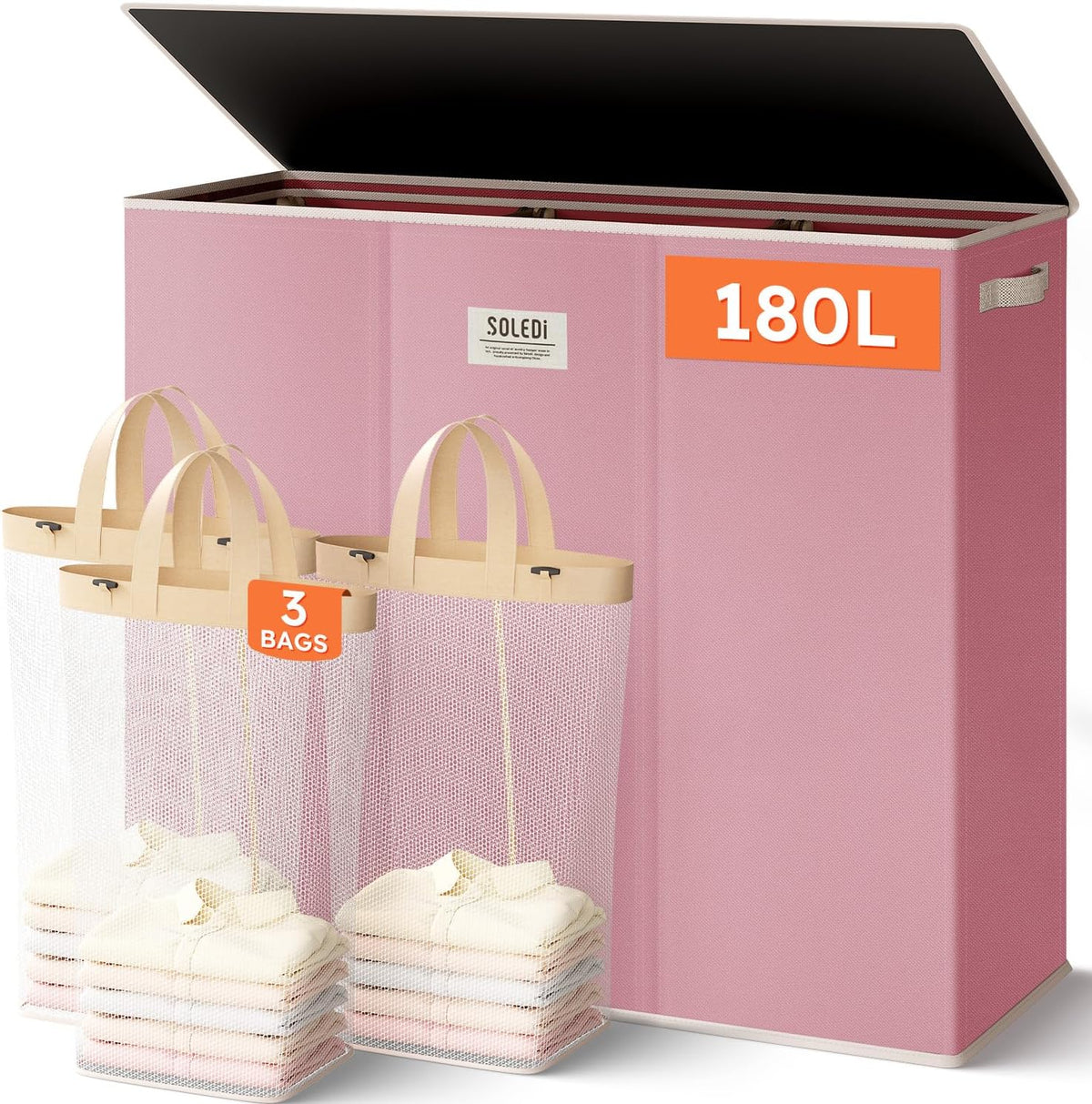 180L 3-Section Laundry Hamper with Lid, Extra Large Dirty Clothes Basket with Sturdy Handles for Laundry Room & Bedroom - Durable Organizer for Sorting Laundry