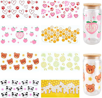 8Pcs 8 Styles Cup Wraps Transfer Sticker Glass Cups Decals Bulk Transparent Plastic Lemon Peach Bear Panda Hearts Honey Comb Waterproof Stickers Wrap for Tumblers Wood Decoration DIY Crafts