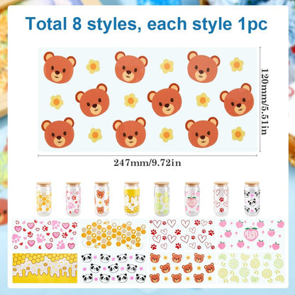 8Pcs 8 Styles Cup Wraps Transfer Sticker Glass Cups Decals Bulk Transparent Plastic Lemon Peach Bear Panda Hearts Honey Comb Waterproof Stickers Wrap for Tumblers Wood Decoration DIY Crafts