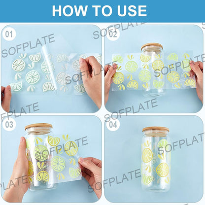 8Pcs 8 Styles Cup Wraps Transfer Sticker Glass Cups Decals Bulk Transparent Plastic Lemon Peach Bear Panda Hearts Honey Comb Waterproof Stickers Wrap for Tumblers Wood Decoration DIY Crafts