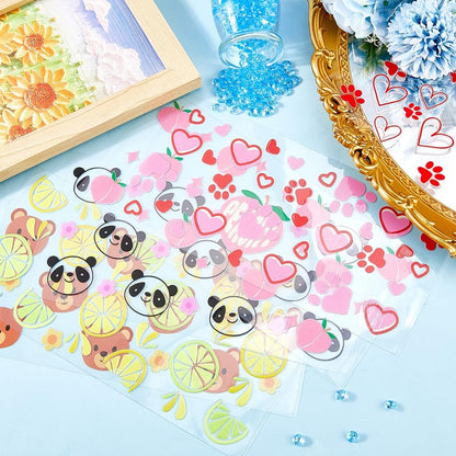 8Pcs 8 Styles Cup Wraps Transfer Sticker Glass Cups Decals Bulk Transparent Plastic Lemon Peach Bear Panda Hearts Honey Comb Waterproof Stickers Wrap for Tumblers Wood Decoration DIY Crafts