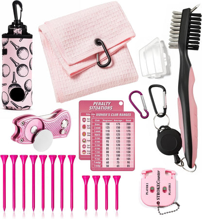18 Pcs Golf Accessories for Women – Includes Golf Ball Bag with Hook, Brush, Towel, Divot Tool, Stroke Counter, Pink Golf Tees & Distance Card – Pink Golf Kit for Female Golfers