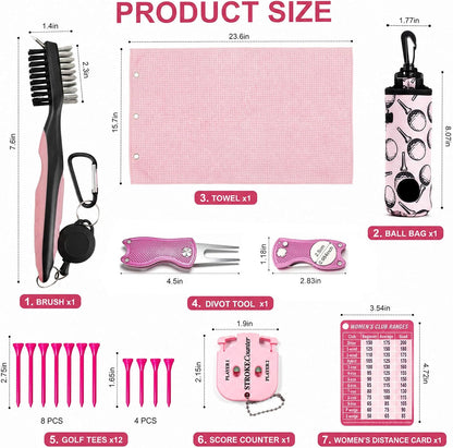 18 Pcs Golf Accessories for Women – Includes Golf Ball Bag with Hook, Brush, Towel, Divot Tool, Stroke Counter, Pink Golf Tees & Distance Card – Pink Golf Kit for Female Golfers