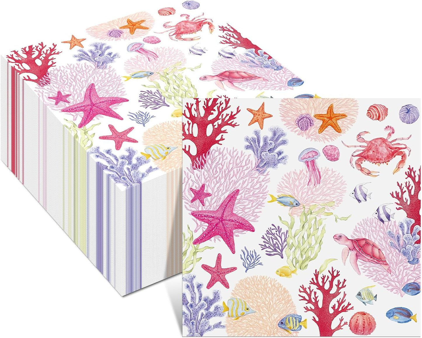 Crtiin 100 Pcs Decoupage Napkins Nautical Cocktail Napkins Disposable Coastal Beverage Paper Decorative Beach Hand Towels for Summer Wedding Luncheon Dinner Party (Pink Coastal)