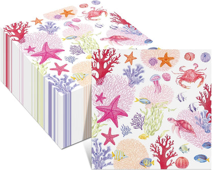 Crtiin 100 Pcs Decoupage Napkins Nautical Cocktail Napkins Disposable Coastal Beverage Paper Decorative Beach Hand Towels for Summer Wedding Luncheon Dinner Party (Pink Coastal)