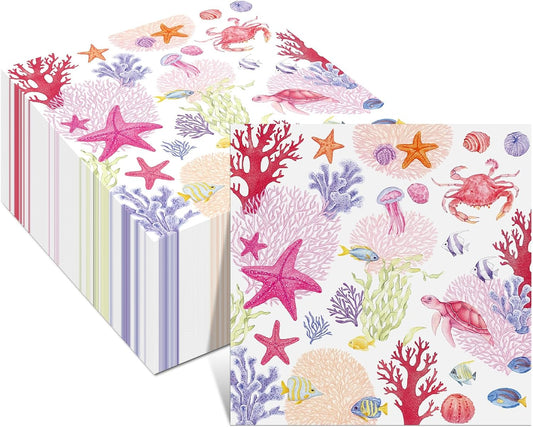 Crtiin 100 Pcs Decoupage Napkins Nautical Cocktail Napkins Disposable Coastal Beverage Paper Decorative Beach Hand Towels for Summer Wedding Luncheon Dinner Party (Pink Coastal)
