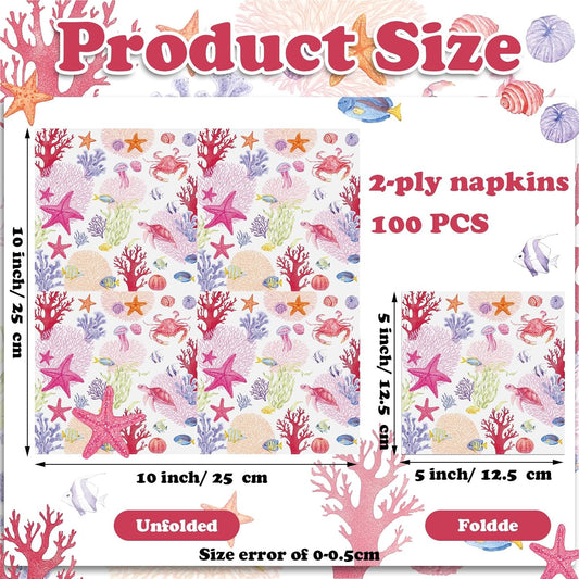 Crtiin 100 Pcs Decoupage Napkins Nautical Cocktail Napkins Disposable Coastal Beverage Paper Decorative Beach Hand Towels for Summer Wedding Luncheon Dinner Party (Pink Coastal)