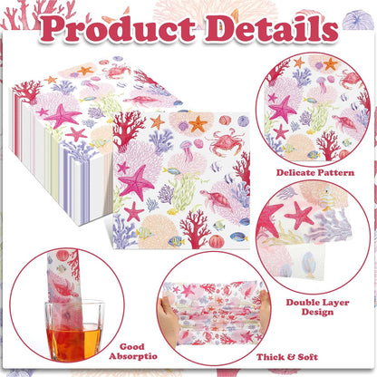 Crtiin 100 Pcs Decoupage Napkins Nautical Cocktail Napkins Disposable Coastal Beverage Paper Decorative Beach Hand Towels for Summer Wedding Luncheon Dinner Party (Pink Coastal)