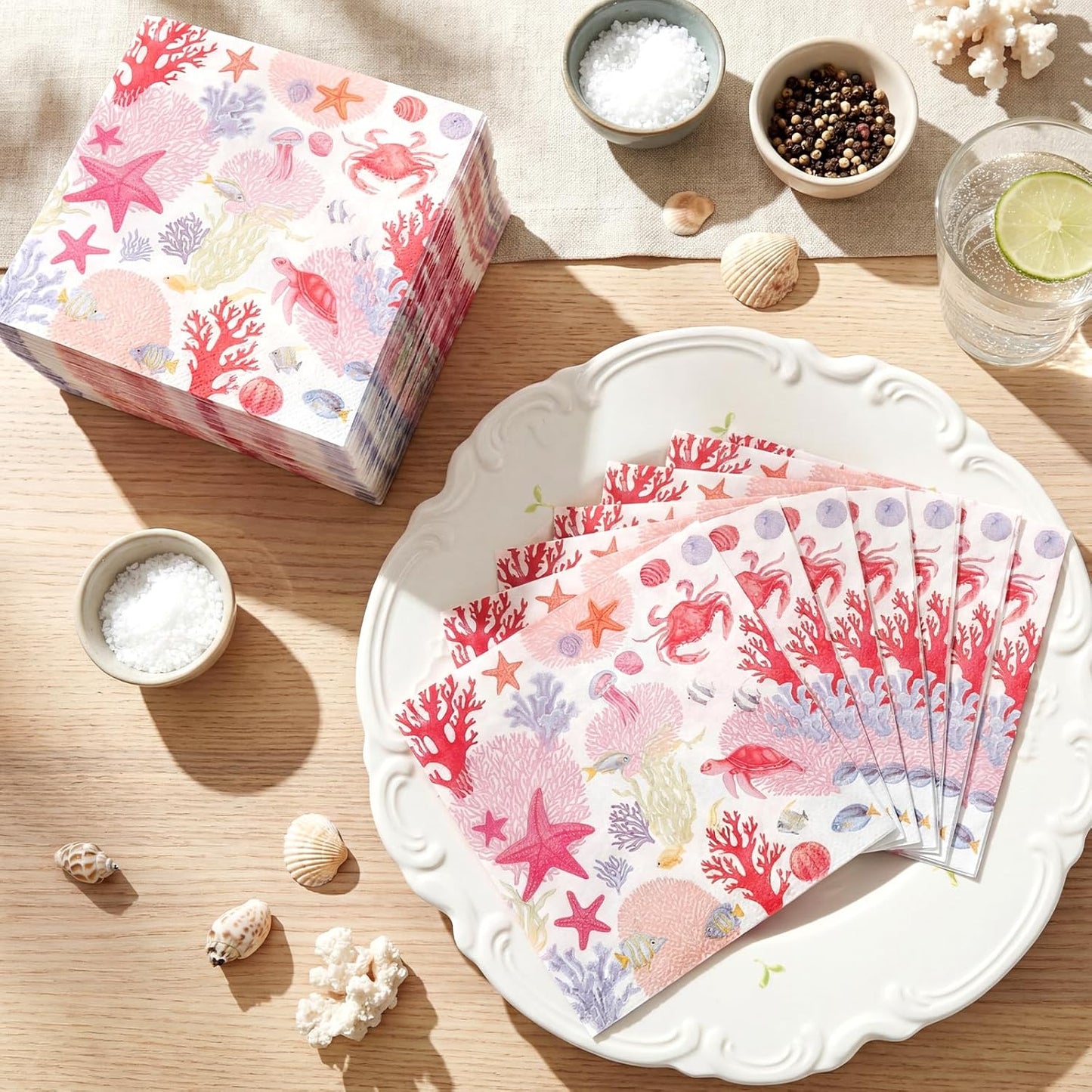Crtiin 100 Pcs Decoupage Napkins Nautical Cocktail Napkins Disposable Coastal Beverage Paper Decorative Beach Hand Towels for Summer Wedding Luncheon Dinner Party (Pink Coastal)