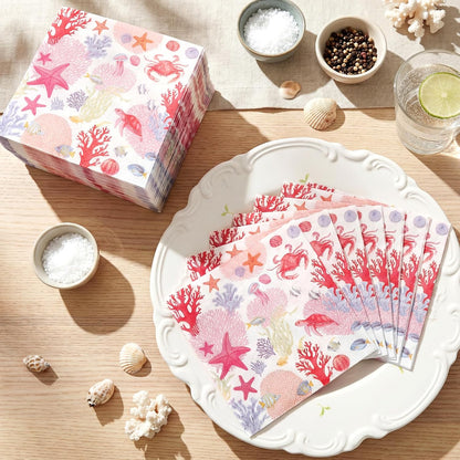 Crtiin 100 Pcs Decoupage Napkins Nautical Cocktail Napkins Disposable Coastal Beverage Paper Decorative Beach Hand Towels for Summer Wedding Luncheon Dinner Party (Pink Coastal)