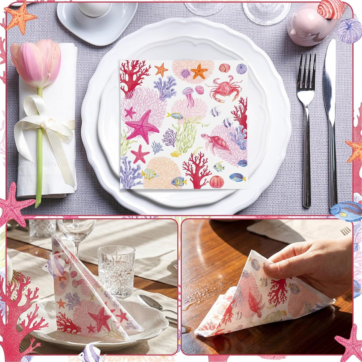 Crtiin 100 Pcs Decoupage Napkins Nautical Cocktail Napkins Disposable Coastal Beverage Paper Decorative Beach Hand Towels for Summer Wedding Luncheon Dinner Party (Pink Coastal)