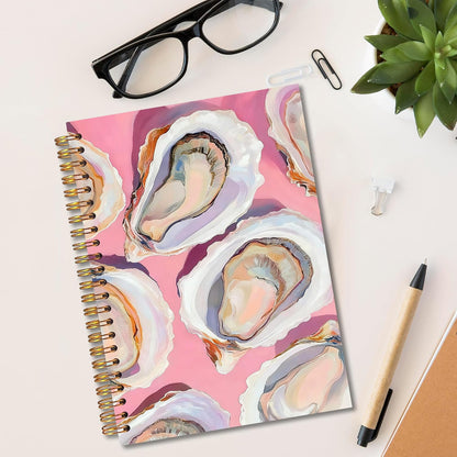 Pink Coastal Beach Oyster Shell Spiral Notebook 5.5x8.3, Pastel Ocean Beach Journal for Women, Oyster Gifts, Nautical Beachy Notebook for Note Taking