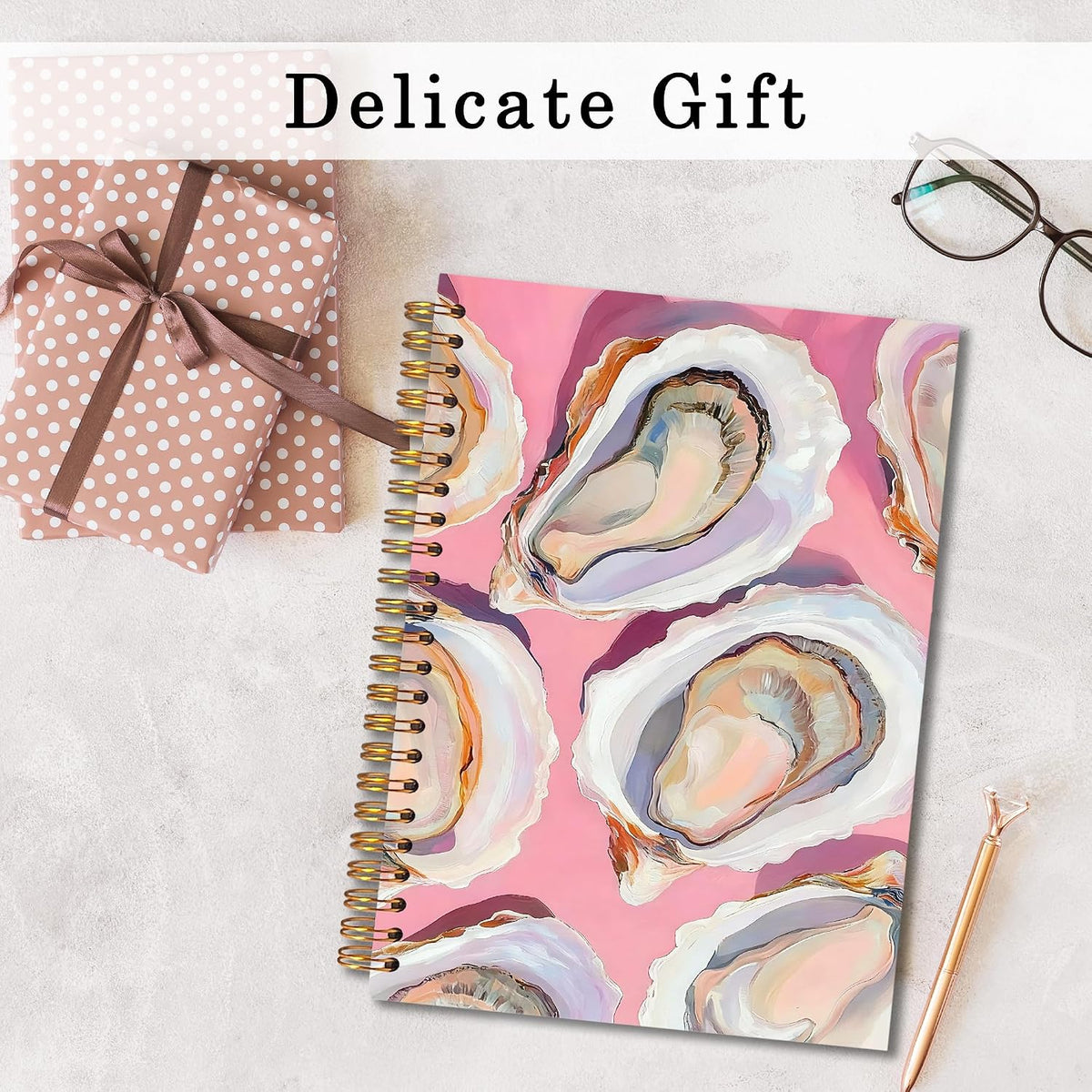 Pink Coastal Beach Oyster Shell Spiral Notebook 5.5x8.3, Pastel Ocean Beach Journal for Women, Oyster Gifts, Nautical Beachy Notebook for Note Taking