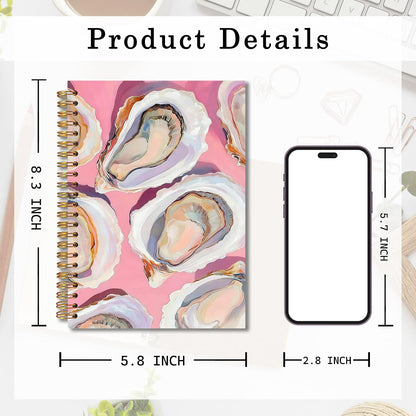 Pink Coastal Beach Oyster Shell Spiral Notebook 5.5x8.3, Pastel Ocean Beach Journal for Women, Oyster Gifts, Nautical Beachy Notebook for Note Taking