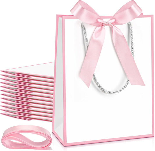 12 Pcs Wedding Paper Gift Bags with Handle 9x7x3.15'' Thank You Gifts Bags with Ribbon Bow Bridal Shower Gifts Handbags for Baby Shower Birthday Party Favor Supplies (White,Pink)