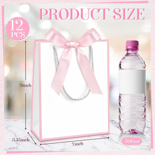 12 Pcs Wedding Paper Gift Bags with Handle 9x7x3.15'' Thank You Gifts Bags with Ribbon Bow Bridal Shower Gifts Handbags for Baby Shower Birthday Party Favor Supplies (White,Pink)