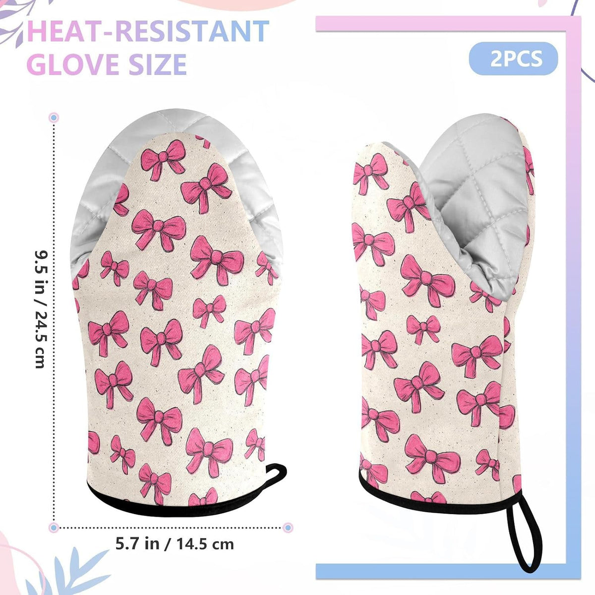Cartoon Pink Bows 2pcs Oven Mitts Heat Resistant Kitchen Gloves Great Gift for Cooking Baking
