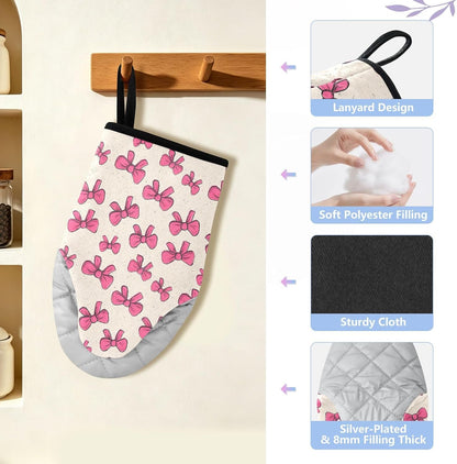 Cartoon Pink Bows 2pcs Oven Mitts Heat Resistant Kitchen Gloves Great Gift for Cooking Baking