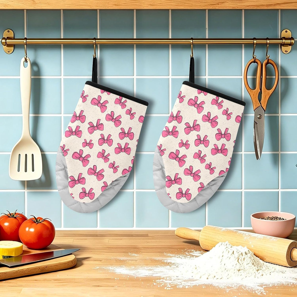 Cartoon Pink Bows 2pcs Oven Mitts Heat Resistant Kitchen Gloves Great Gift for Cooking Baking