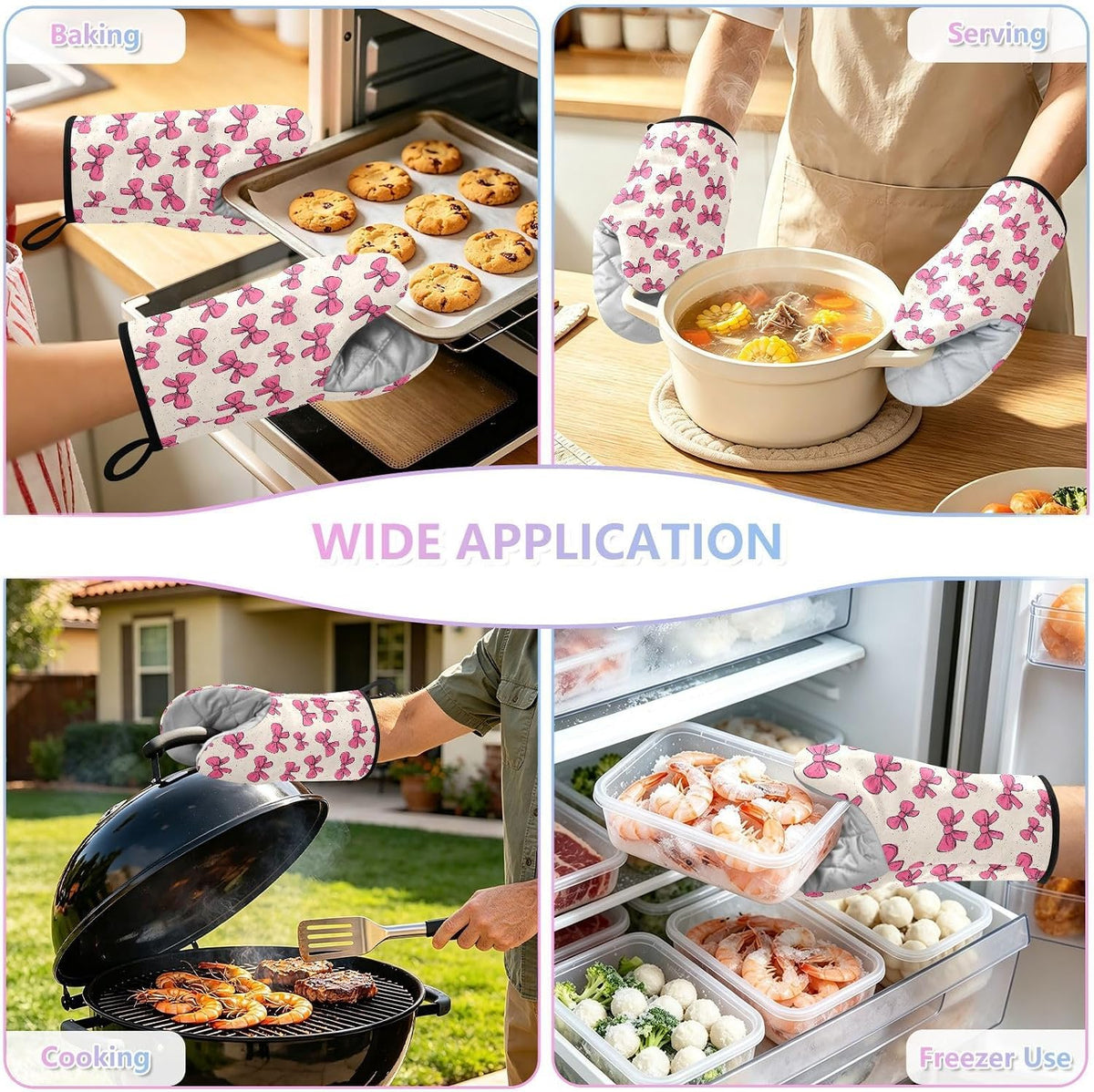 Cartoon Pink Bows 2pcs Oven Mitts Heat Resistant Kitchen Gloves Great Gift for Cooking Baking