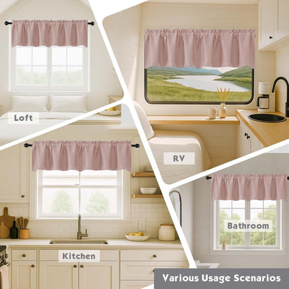 Blush Pink Valances for Window, Room Darkening Short Curtains for Kitchen Bedroom Living Room, Rod Pocket Top Small Window Treatment Valance RV Bunk Panels, 40Wx14L, 2 Pieces