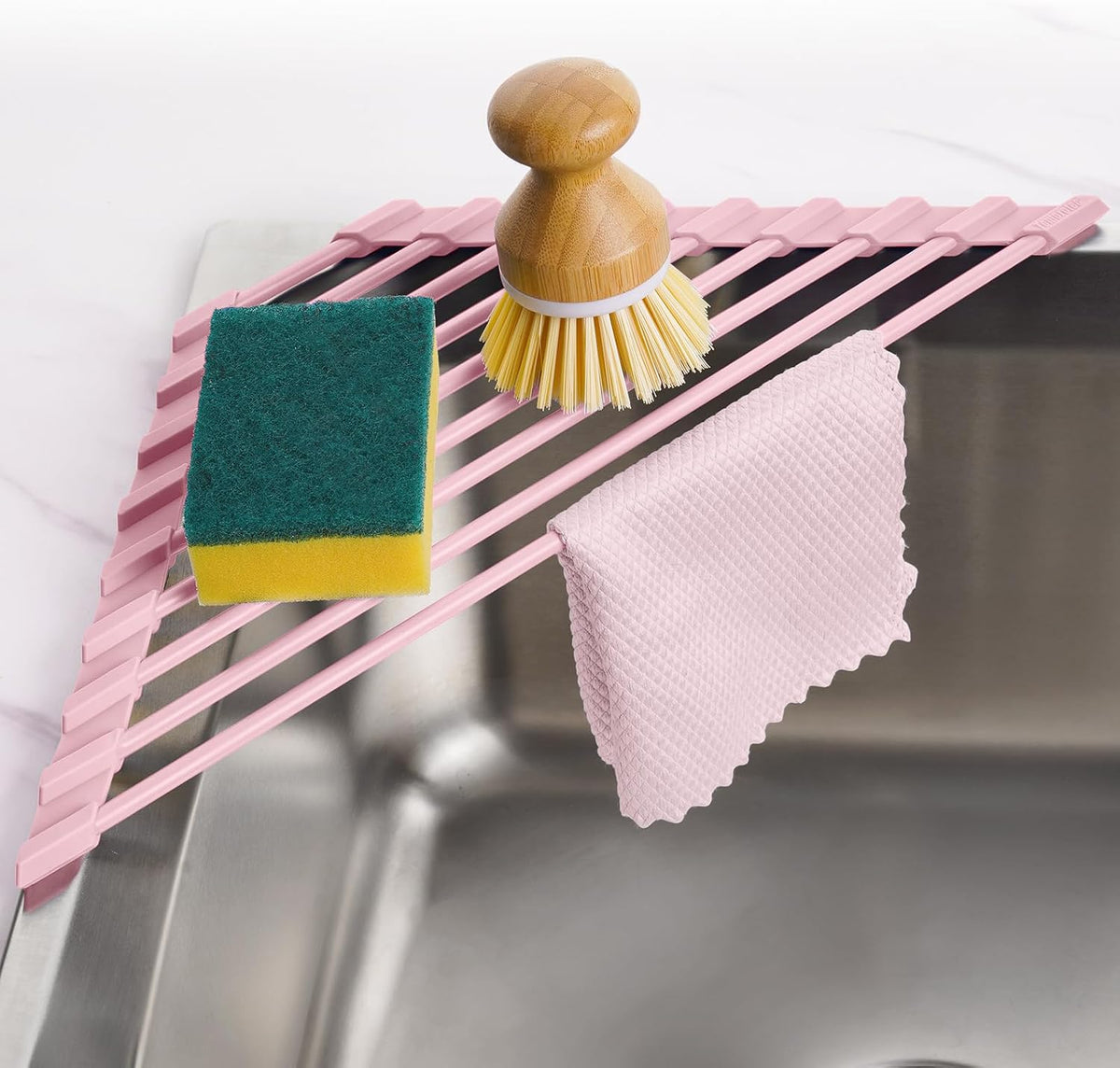 Triangle Roll Up Dish Drying Rack with Silicone Coating, Pink