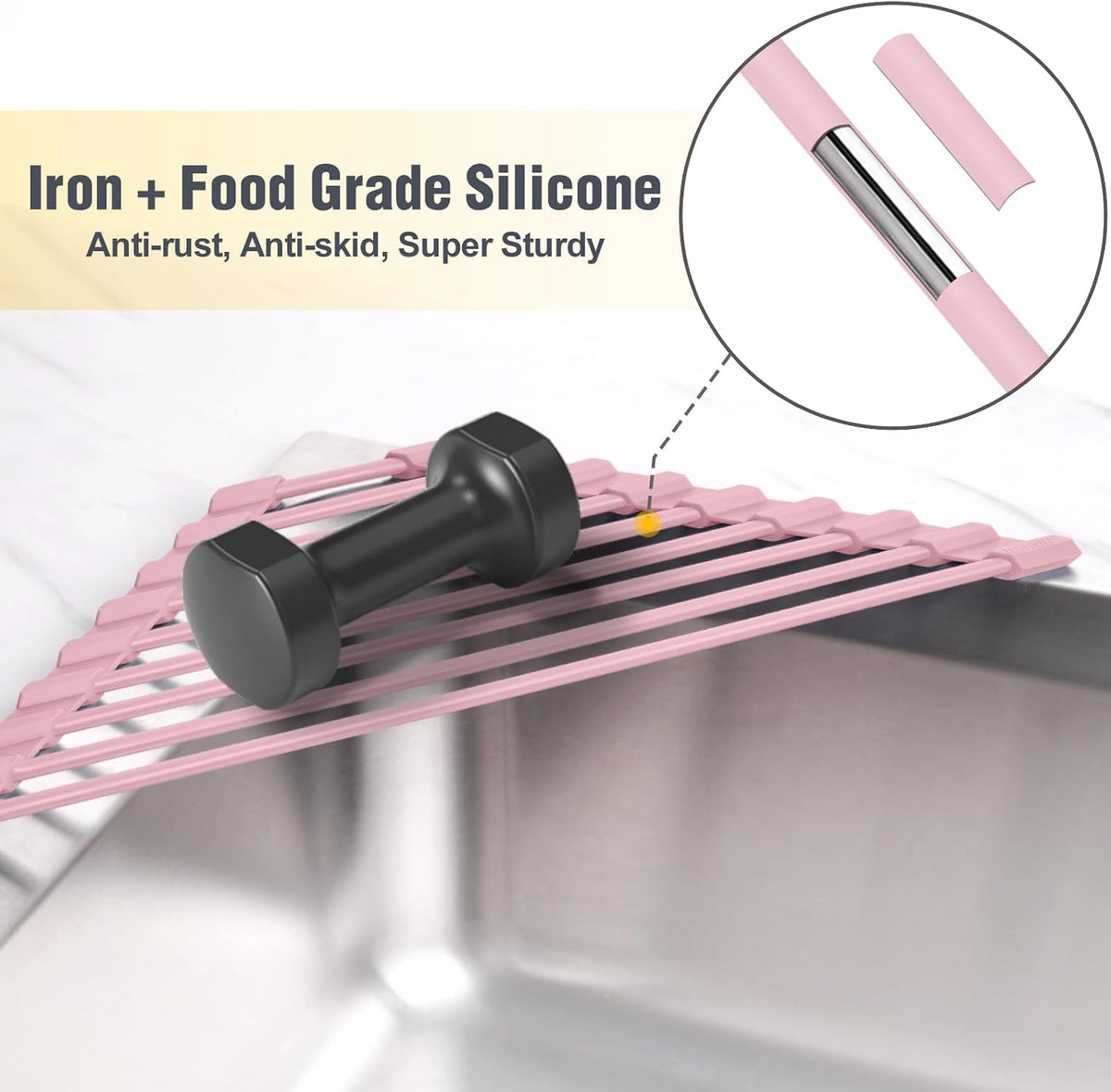 Triangle Roll Up Dish Drying Rack with Silicone Coating, Pink