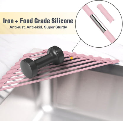 Triangle Roll Up Dish Drying Rack with Silicone Coating, Pink