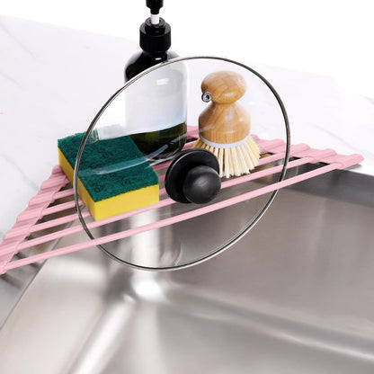 Triangle Roll Up Dish Drying Rack with Silicone Coating, Pink