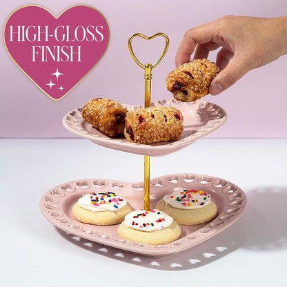 Paris Hilton 2-Tier Heart Serving Tray, Iconic Ceramic Stoneware with Metal Handle, Easy Assembly for Stylish Display, 9-Inch and 7-Inch Plates, Pink