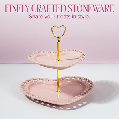 Paris Hilton 2-Tier Heart Serving Tray, Iconic Ceramic Stoneware with Metal Handle, Easy Assembly for Stylish Display, 9-Inch and 7-Inch Plates, Pink