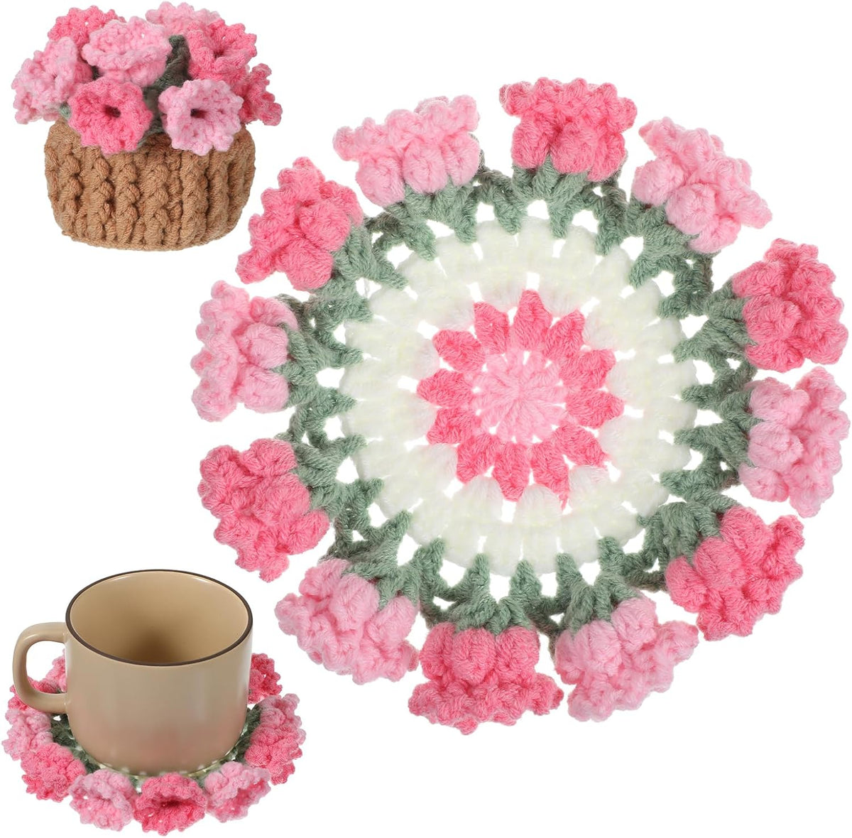 Crochet Coaster Set Handmade Pink Flower, Bouquet Blanket Coasters