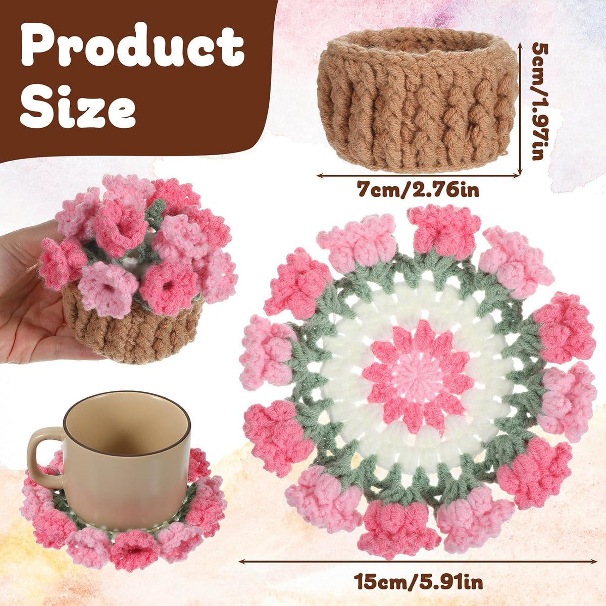 Crochet Coaster Set Handmade Pink Flower, Bouquet Blanket Coasters