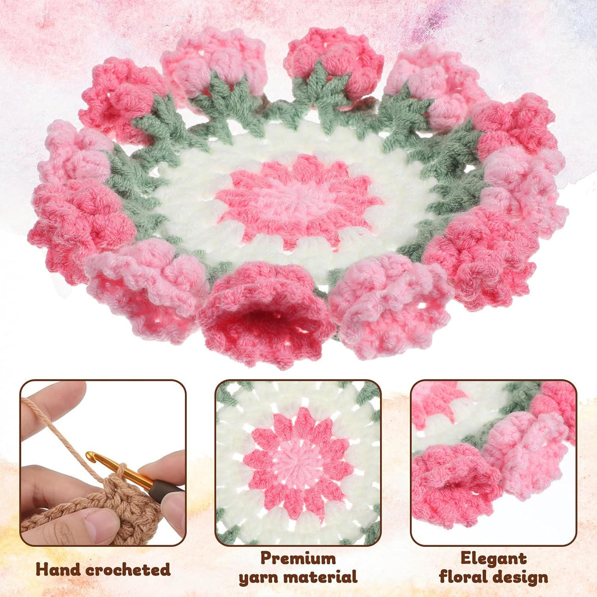 Crochet Coaster Set Handmade Pink Flower, Bouquet Blanket Coasters