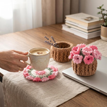 Crochet Coaster Set Handmade Pink Flower, Bouquet Blanket Coasters