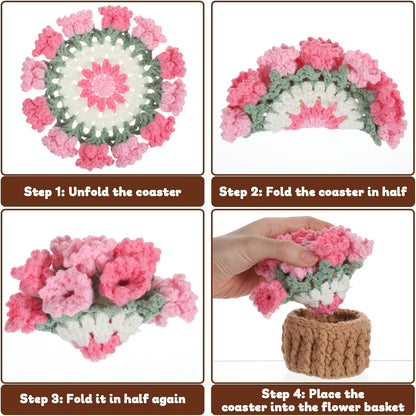 Crochet Coaster Set Handmade Pink Flower, Bouquet Blanket Coasters